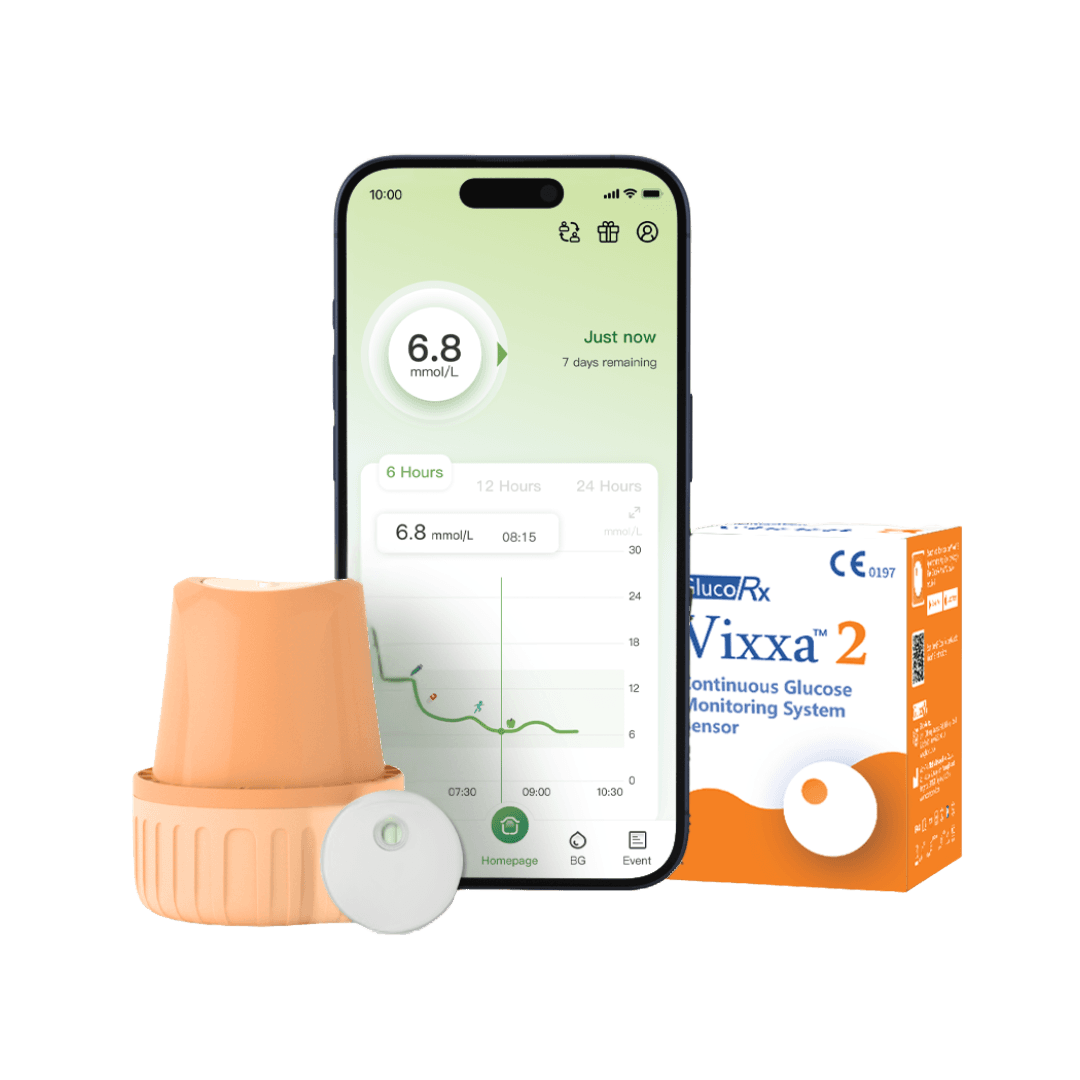GlucoRx Vixxa 2 CGM sensor, applicator, and smartphone app